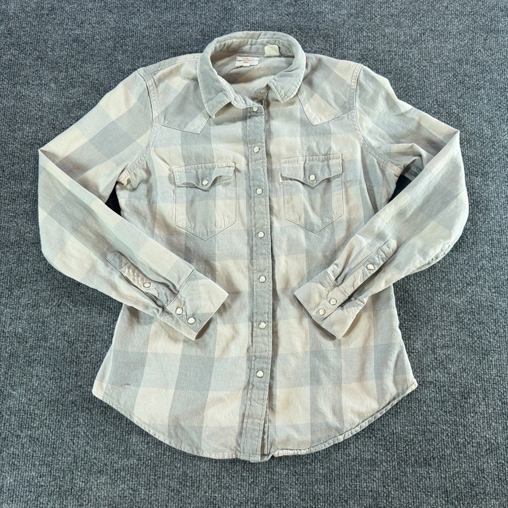 Levis‎ Tailored Fit Western Shirt Womens Sml Grey Cream Plaid Pearl Snap Flannel